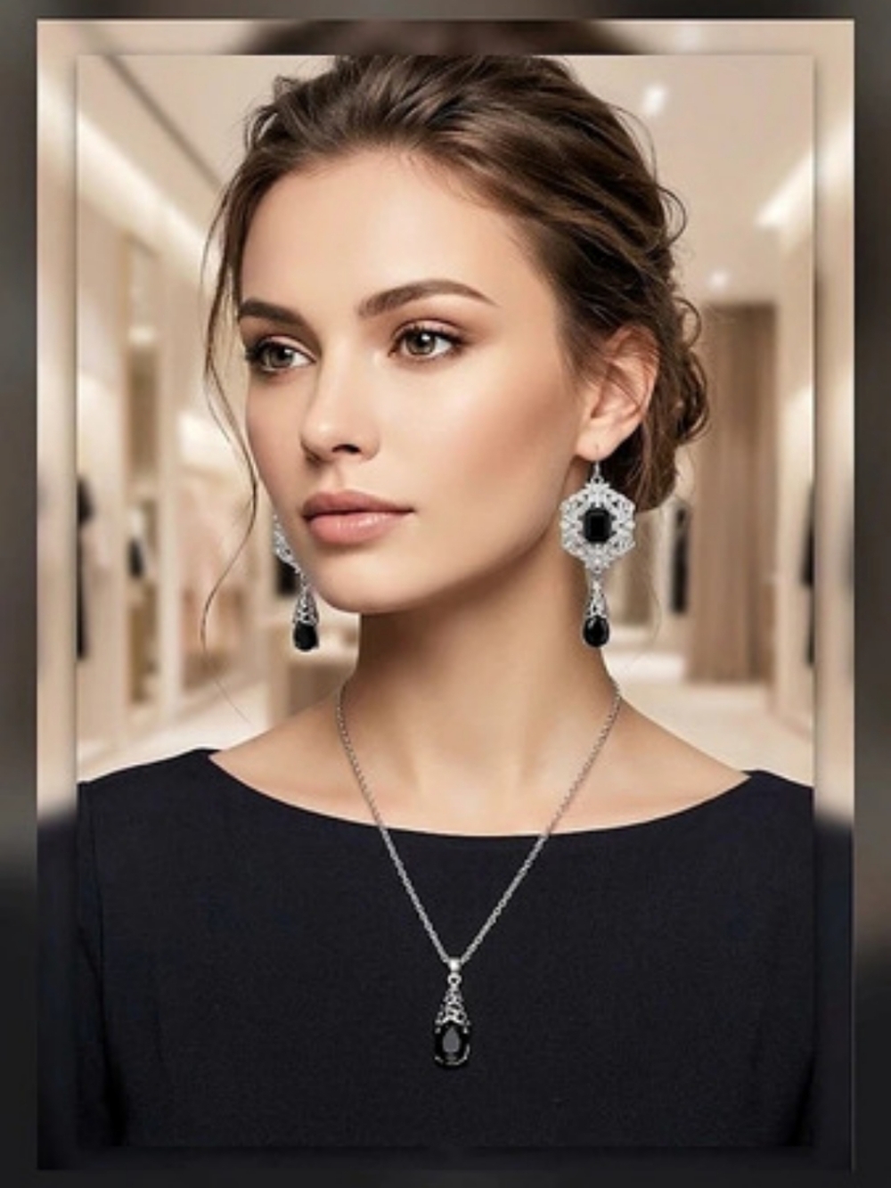 Black & Silver Statement Drop Necklace & Matching Earrings